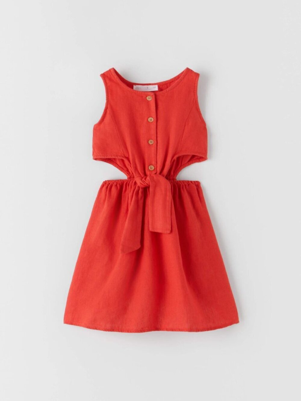 Girls' ZARA Red Linen Cut-Out Button Tie Front A-Line Dress, Size 13-14